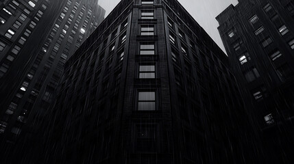 Poster - Monochromatic Cityscape Perspective Rainy Day Dark Architecture Black and White Low Angle View