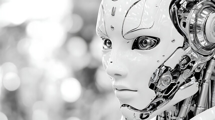 Poster - monochrome artificial intelligence robotic being displayed with metallic components exposed design