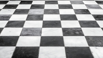 Poster - Monochrome Checkerboard Floor Pattern with Alternating Light and Dark Tiles in Perspective View
