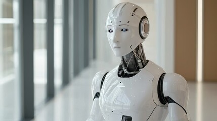 Poster - White humanoid robot standing in modern interior space