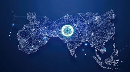 Fototapete - Detailed Network Map of Asia with Digital Connections and Nodes