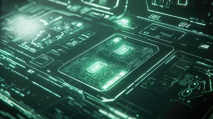 Fototapete - Futuristic Circuit Board Design with Neon Green Highlights and Glow