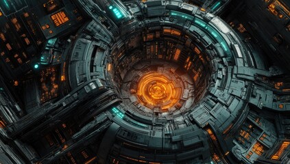 Poster - Futuristic, detailed, circular, machine interior with glowing center