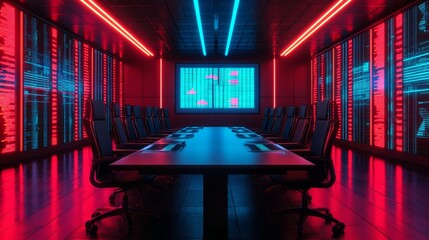 Poster - Futuristic Conference Room with Neon Lighting and Digital Displays, A Modern Workspace Perfect for Business Meetings and Creative Collaborations in a High-Tech Environment