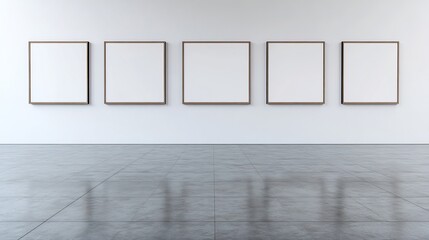 Wall Mural - Five blank canvases hang neatly in a minimalist gallery showcasing a clean neutral aesthetic.. AI Generated