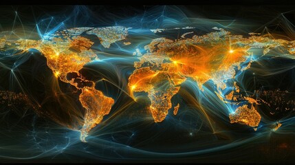 Poster - Abstract Global Network Connection Map with Bright Colors and Lights