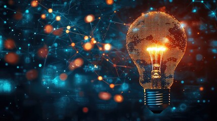 Poster - Light Bulb with Abstract Digital Background and Glowing Elements