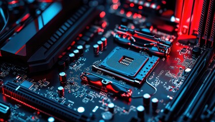 Aufkleber - Close-up PC Motherboard, CPU, RGB Lighting, Background Parts
