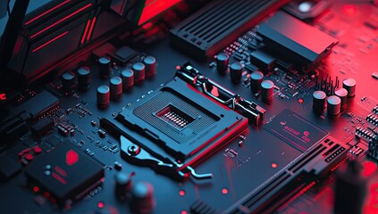 Aufkleber - Close-up computer motherboard CPU socket, glowing red-blue lighting