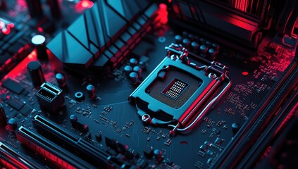 Poster - Close-up computer motherboard CPU installation, vibrant lighting, technical background