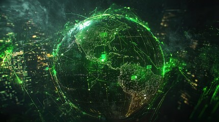 Poster - Digital Globe Visualization with Green Light and City Connectivity