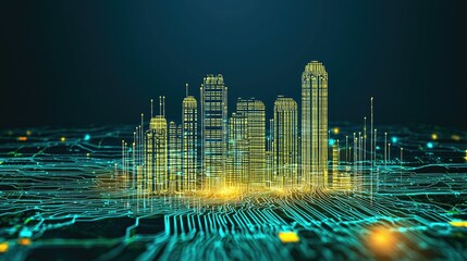 Poster - Futuristic Digital Cityscape with Neon Glow and Circuit Patterns