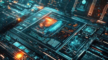Fototapete - Futuristic Digital Interface with Neon Lights and Circuit Patterns
