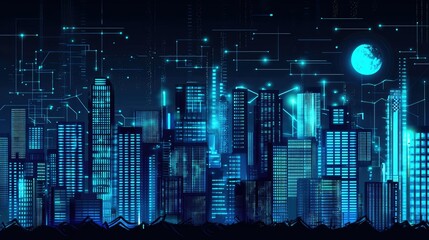 Poster - Futuristic Cityscape at Night with Neon Lights and Digital Elements