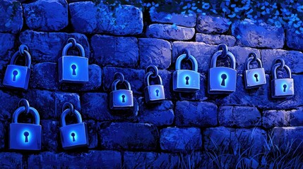 Poster - Blue Locks on Stone Wall Surrounded by Lush Greenery at Night