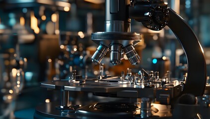 Poster - High-tech microscope in a bustling lab setting