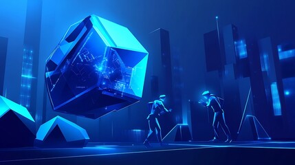 Canvas Print - Futuristic city glowing blue light illuminates two figures exploring a mysterious crystal cube. AI Generated