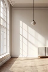 Sticker - Sunlit empty room, hardwood floor, large window, minimalist decor, interior design