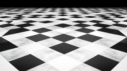 Poster - Perspective View Black and White Checkered Pattern Floor Design in Retro Interior Concept Space