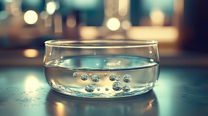 Poster - Bubbles Rising in Clear Water Bowl with Soft Warm Lighting Effect