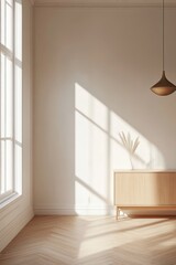 Wall Mural - Sunlit minimalist room, wooden sideboard, herringbone floor,  calm interior design, website background