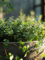 Wall Mural - Close-up of lush green plants in a textured pot, capturing a serene indoor environment.