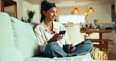 Aufkleber - Thinking, break and woman with smartphone, home and browsing on web for entertainment, online and relax. Living room, scroll and reading of article on app, digital and Indian person with mobile