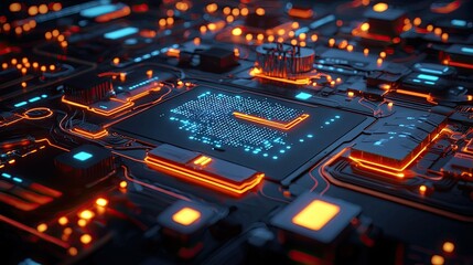 Poster - futuristic circuit board with glowing elements and data visualization