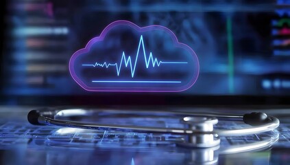 Poster - Cloud health data on computer with stethoscope