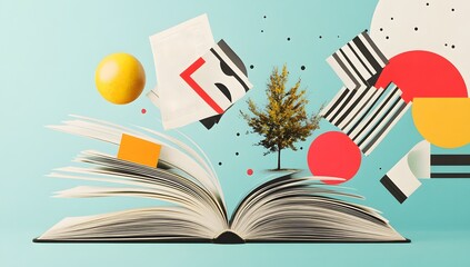 Poster - Open book, vibrant shapes, flying papers, whimsical tree, light blue background