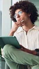 Fototapete - Tablet, business and man with creativity, thinking and copywriting with productivity. Person, writer and journalist in office, tech or digital app for research, problem solving or solution with ideas