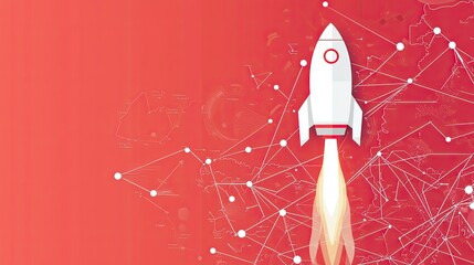 Poster - Rocket Launching Against Red Background with Connection Lines
