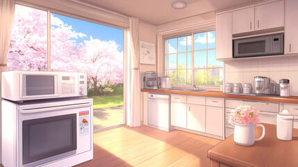 Wall Mural - Serene Anime Kitchen Interior with Sakura Tree View Through Window and Natural Sunlight Effects