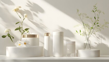 Poster - White cosmetic display, flowers, sunlit backdrop