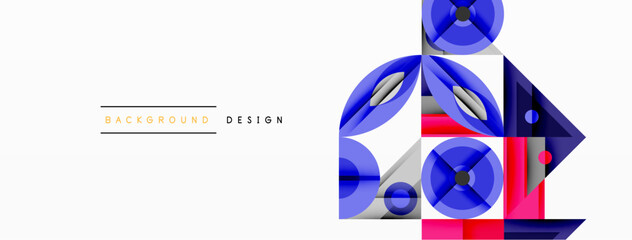 Poster - Geometric abstract composition with intersecting shapes, circles, triangles, and gradients, blending vibrant colors and dynamic contrasts to create a modern, futuristic visual design
