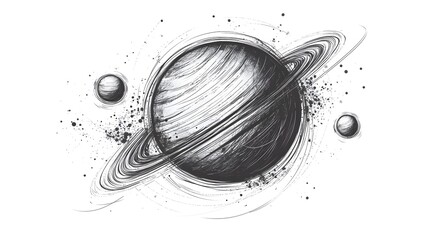 Poster - Hand drawn artistic rendition of saturn with its orbiting moons