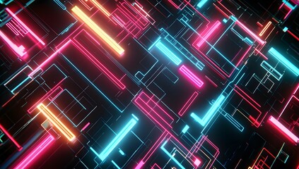 Aufkleber - Abstract Neon Circuit Lines in Dark Background