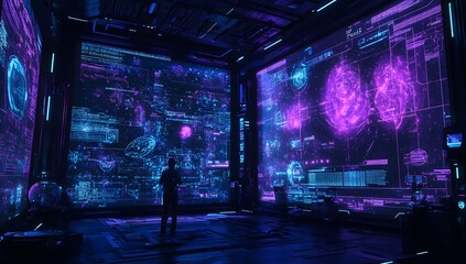 Poster - Futuristic lab, scientist observing holographic data displays