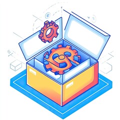 Poster - Gears inside open box, system, concept, background with schematics