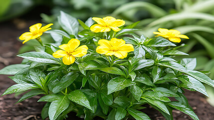 Canvas Print - Vibrant Yellow Flowers Amidst Lush Green Foliage in a Serene Garden Setting