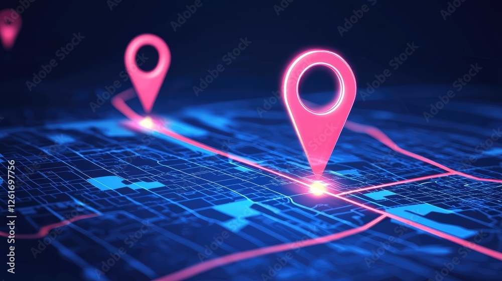Digital map with glowing location pins marking routes in a futuristic ...
