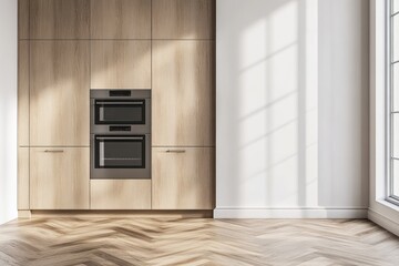 Wall Mural - Modern kitchen, wood cabinets, oven, herringbone floor, sunlight