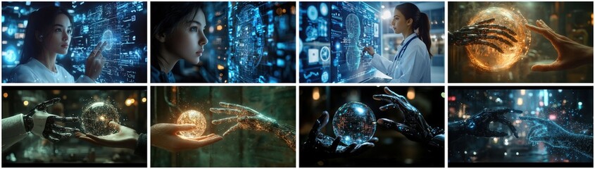 Poster - Glowing Data Network: Futuristic Hands Interacting With Digital Particles