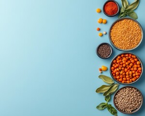 Poster - Vibrant Vegan Bowl Flatlay Wholesome Grains and Colorful Legumes on Pastel - Trendy Culinary Content and Health-Conscious Meal Prep Marketing
