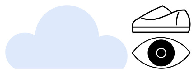 Poster - Light blue cloud, minimalist shoe, and eye visual elements. Ideal for technology, weather apps, vision products, footwear design, online storage, digital marketing, creative projects. Line metaphor