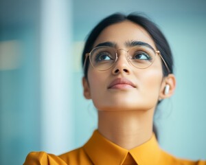 Poster - Adaptive Workwear Elegance Professional Indian Woman in Ergonomic Setting with Hearing Aid and Digital Tablet - Business Innovation and Continuous Skill Development in Modern Offices
