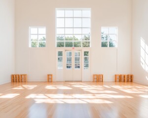 Aufkleber - Scandinavian Minimalist Learning Space Sunlit Open Room with Natural Wood Furniture - Modern Educational Design and Interactive Classroom Setup for Enhanced Engagement