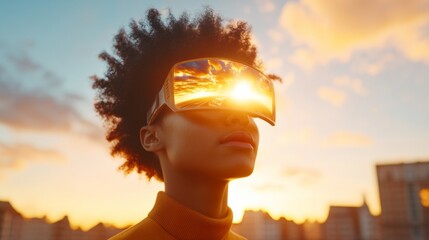Leinwandbilder - Futuristic Tech Vision Urban Sunset Reflected in Curved VR Glasses - Immersive Digital Experience for Creative Urban Professionals and Modern Workplace Innovation