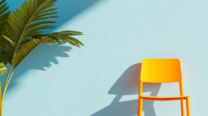 Poster - Minimalist Vibrant Space Yellow Chair and Tropical Plant with Cool Blue Backdrop Modern Workplace Design and Creative Content for Trendy Collaborative Spaces
