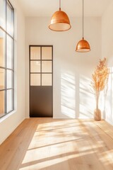 Poster - Minimalist Workspace Design Sunlit Modern Office Interiors with Glass Partitions and Wooden Floors - Innovation in Professional Spaces and Wellness-Focused Business Environments